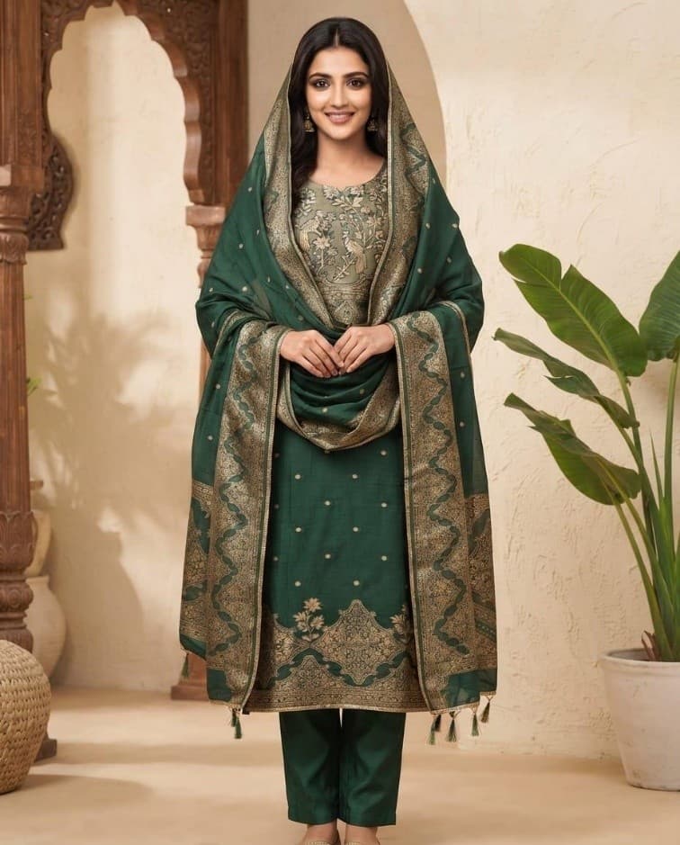 Bottle green chanderi silk