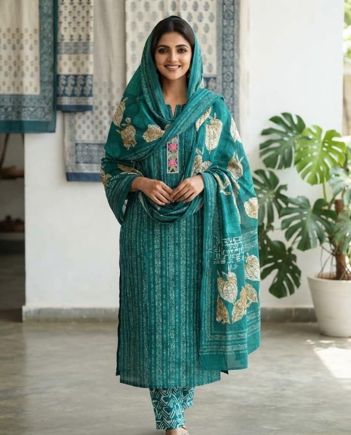 Teal green mul cotton